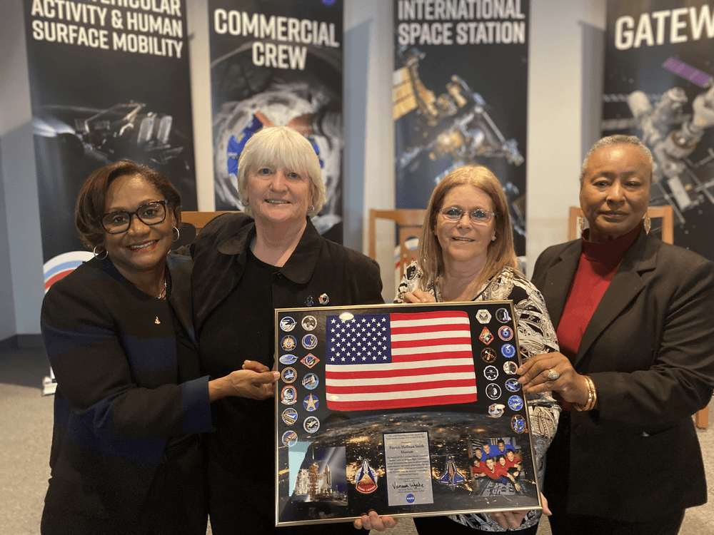 Johnson director Vanessa Wyche poses with members of the Hemphill’s Patricia Huffman Smith ‘Remembering Columbia’ Museum. From left are, Vanessa Wyche, Marsha Cooper, Belinda Gay, and Veronica Thomas. Credits: NASA/Jasmine Nehilla